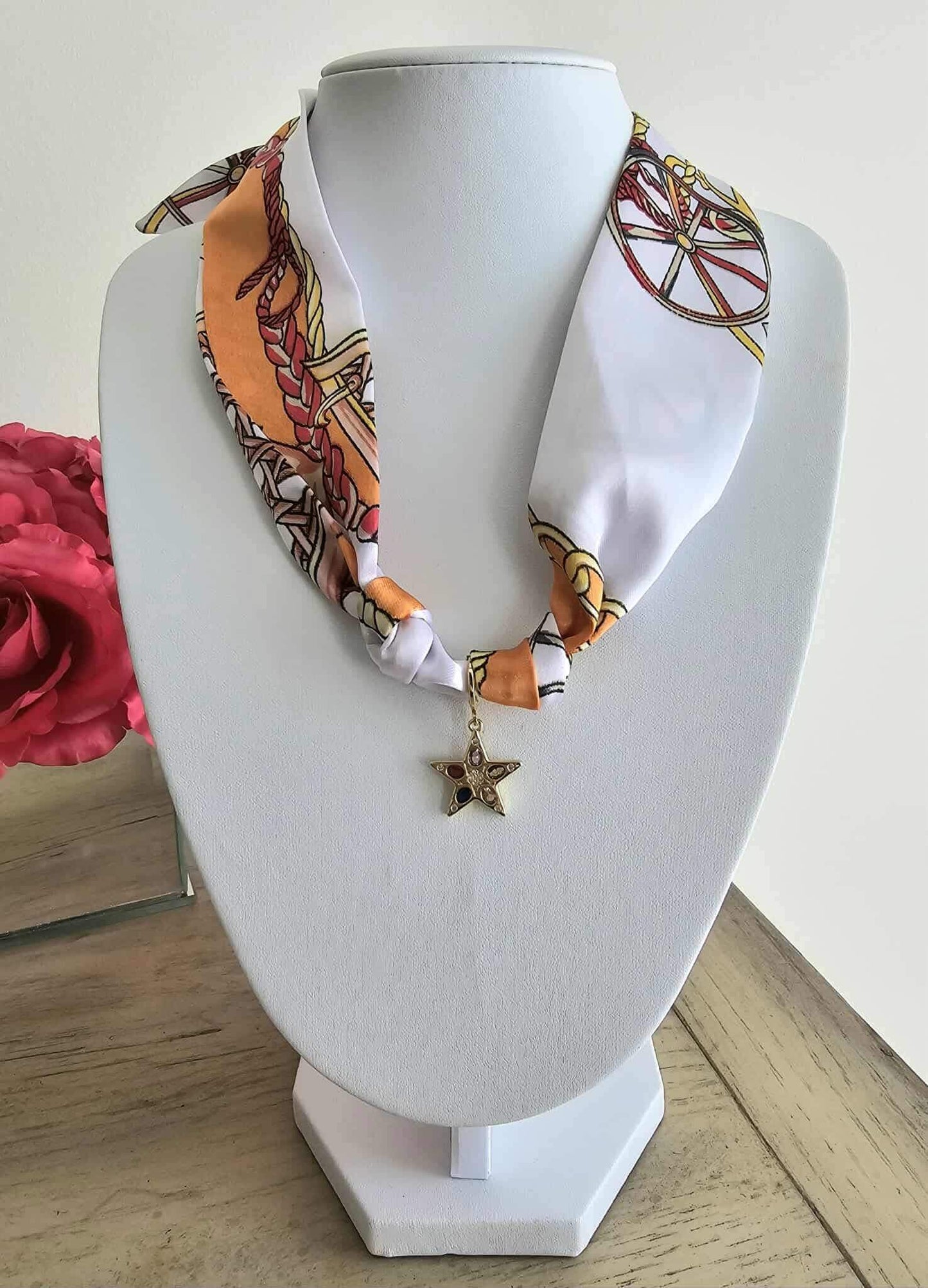 Exclusive Orange & White Scarf Necklace – 18k Gold Multi-Star Charm - Alie's Boutique