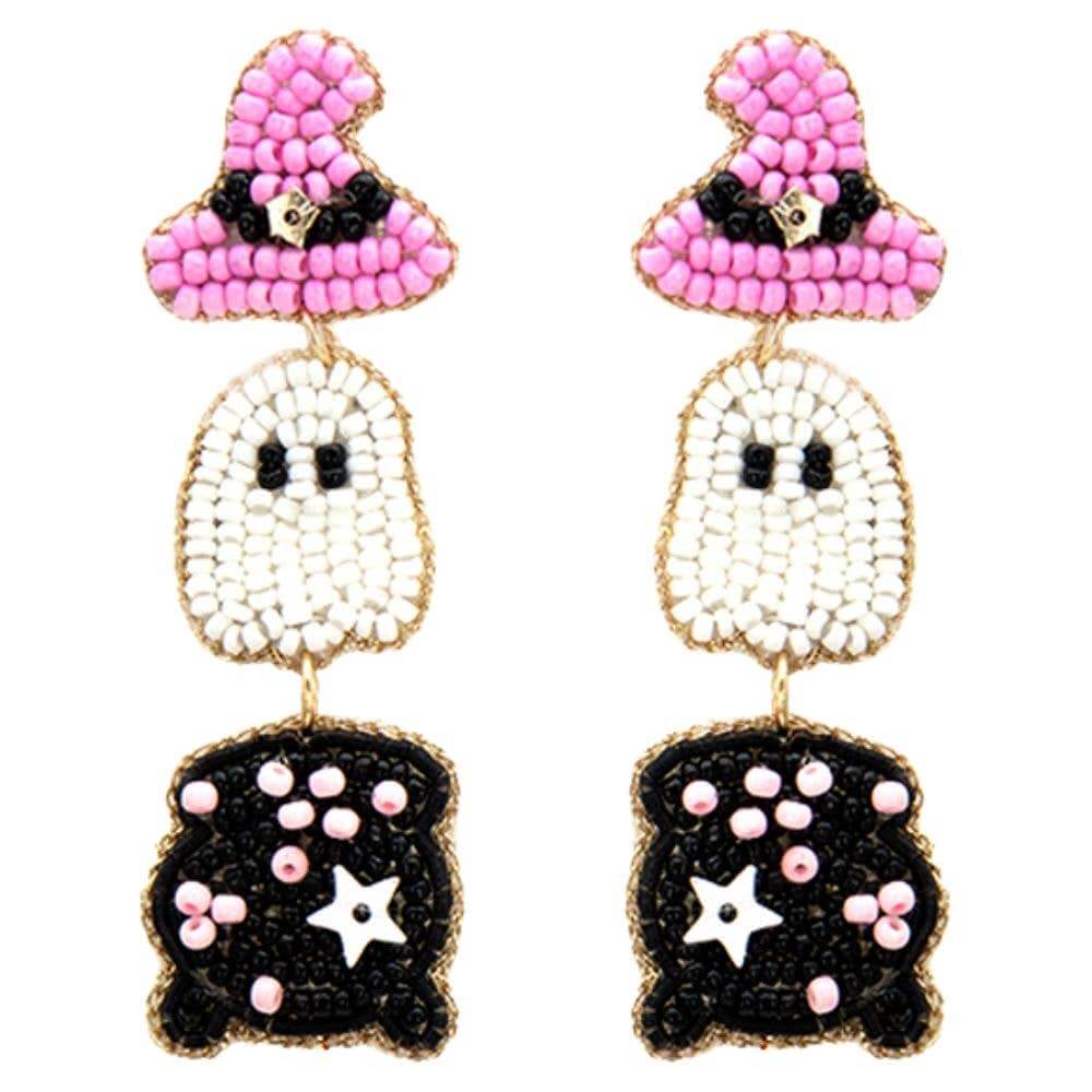 The Pink Spirit Sparkle - Boo Ghost Seed Bead Halloween Earrings feature pink witch hats, white ghost beads, and black cauldrons with gold bead outlines and star details.