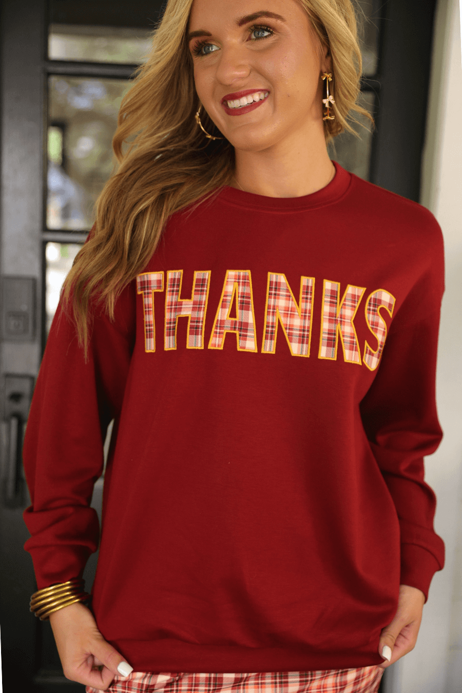 Thanks Plaid - Burgundy Patch Pullover - Alie's Boutique