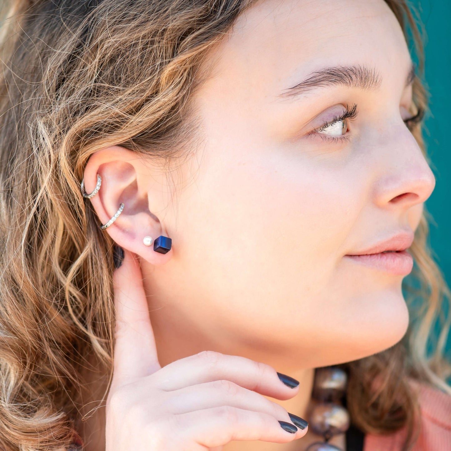 Navy Luster Cube Stud Earrings