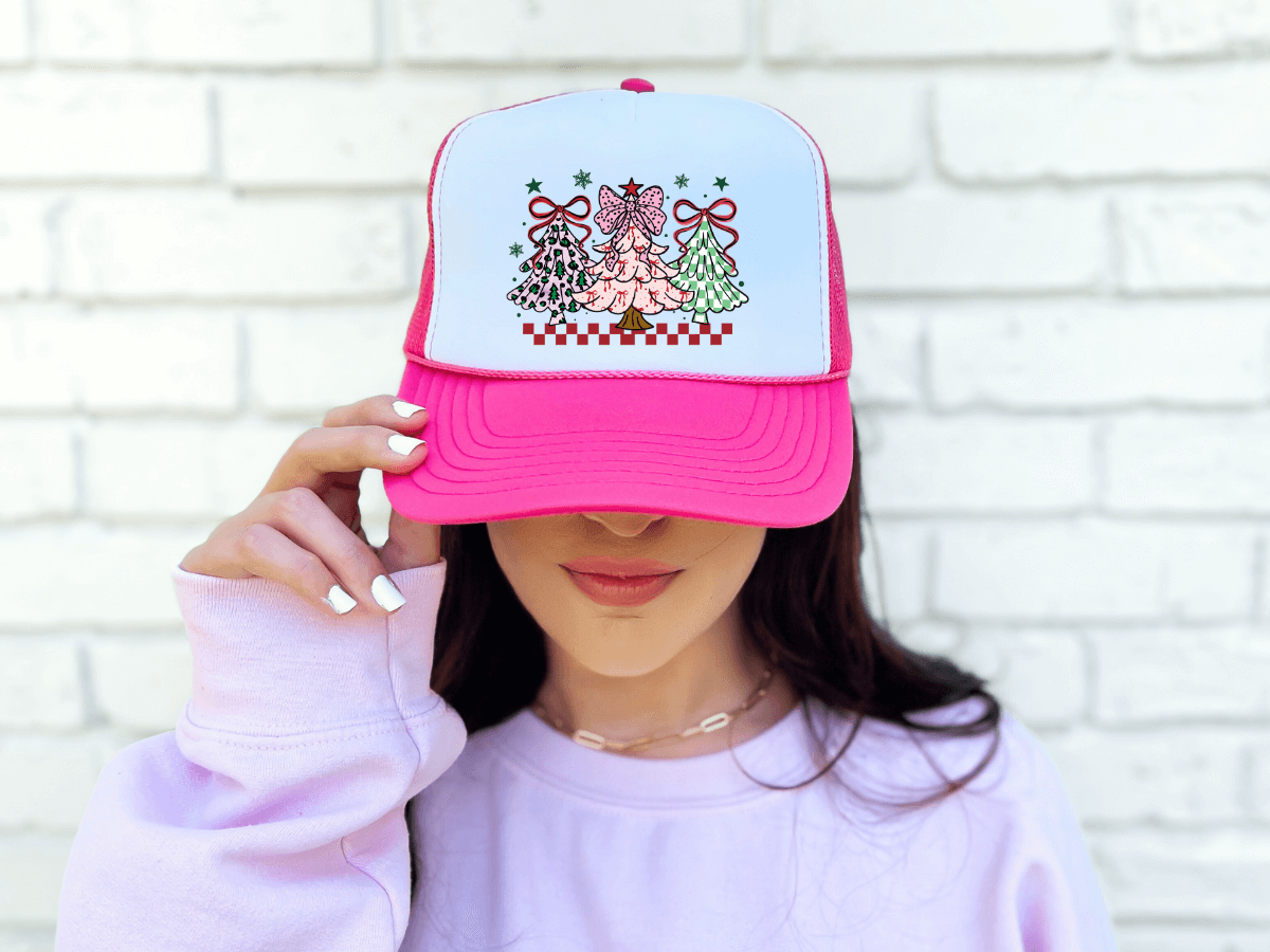 Christmas Tree Trio – Pink Holiday Trucker Hat