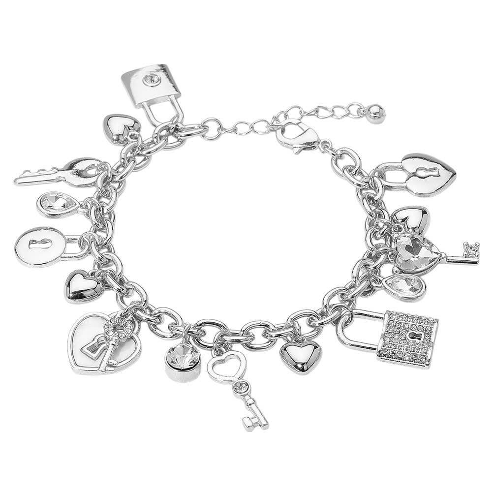 Heart Key and Lock Charm Station Bracelet: Silver - Alie's Boutique