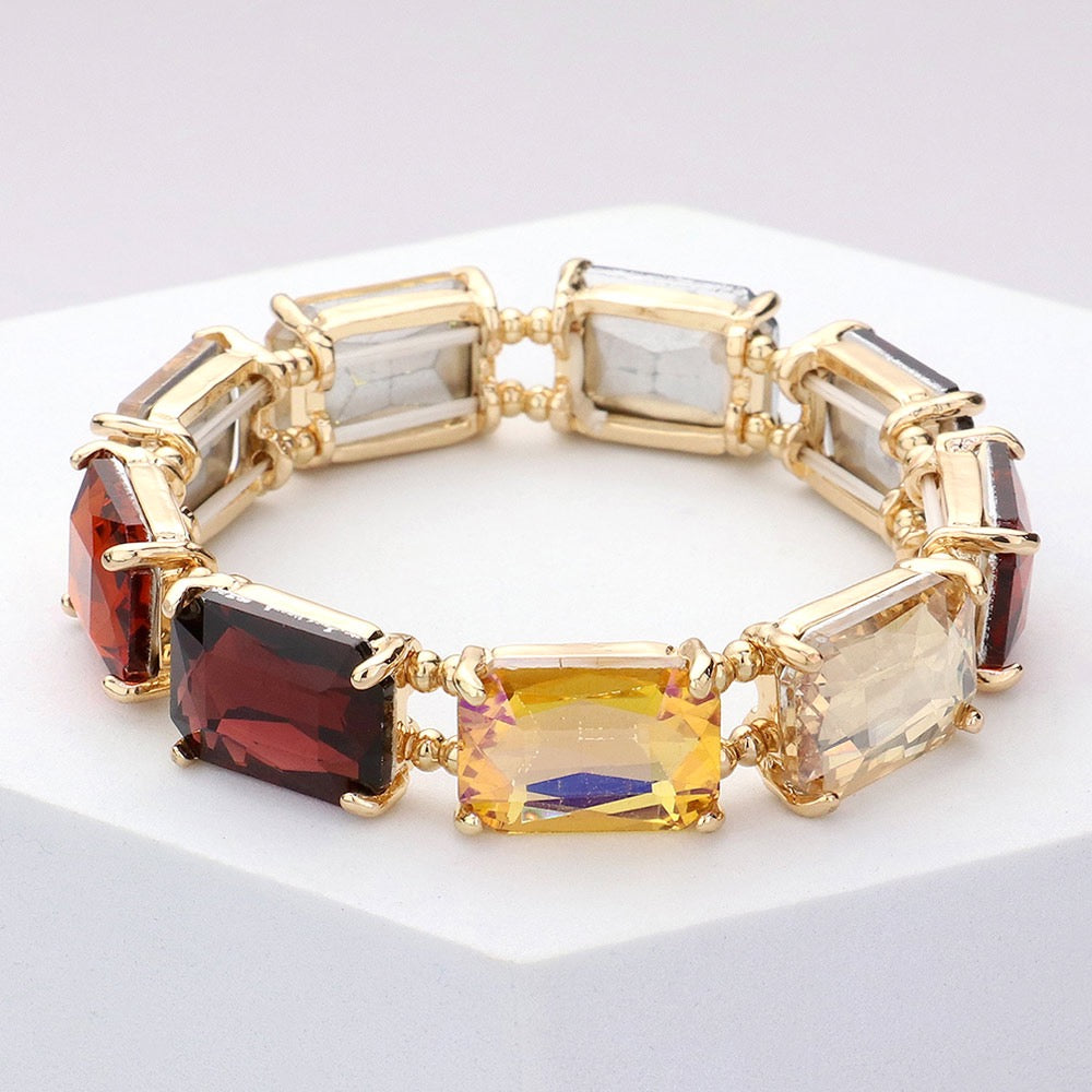 Boldly Bejeweled – Brown Emerald Cut Stone Stretch Evening Bracelet