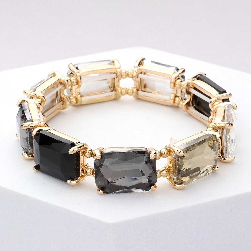 Boldly Bejeweled – Black Emerald Cut Stone Stretch Evening Bracelet