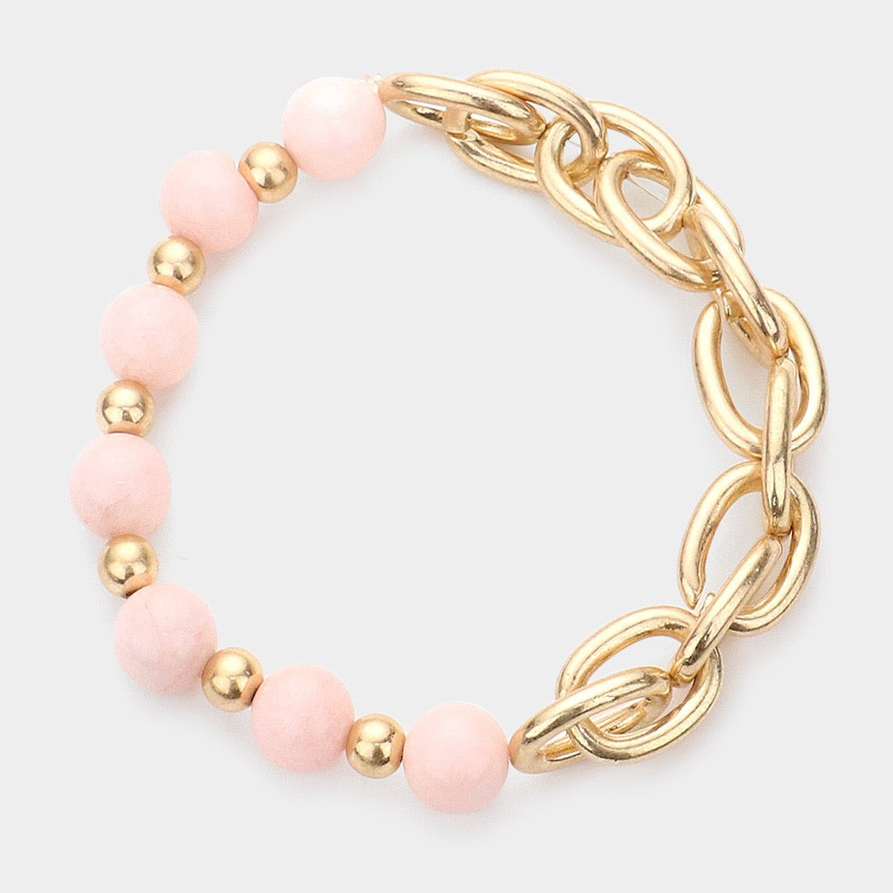 Link & Luster – Pink Natural Stone Open Metal Oval Link Stretch Bracelet