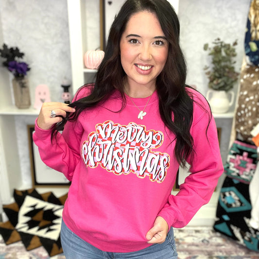 Merry Christmas Checkered Graphic Crewneck Sweatshirt