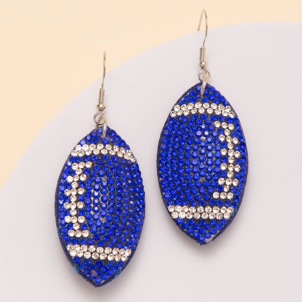 Two-Tone Rhinestone Pave Football Dangle Earrings: Blue - Shop Alies Bouutique