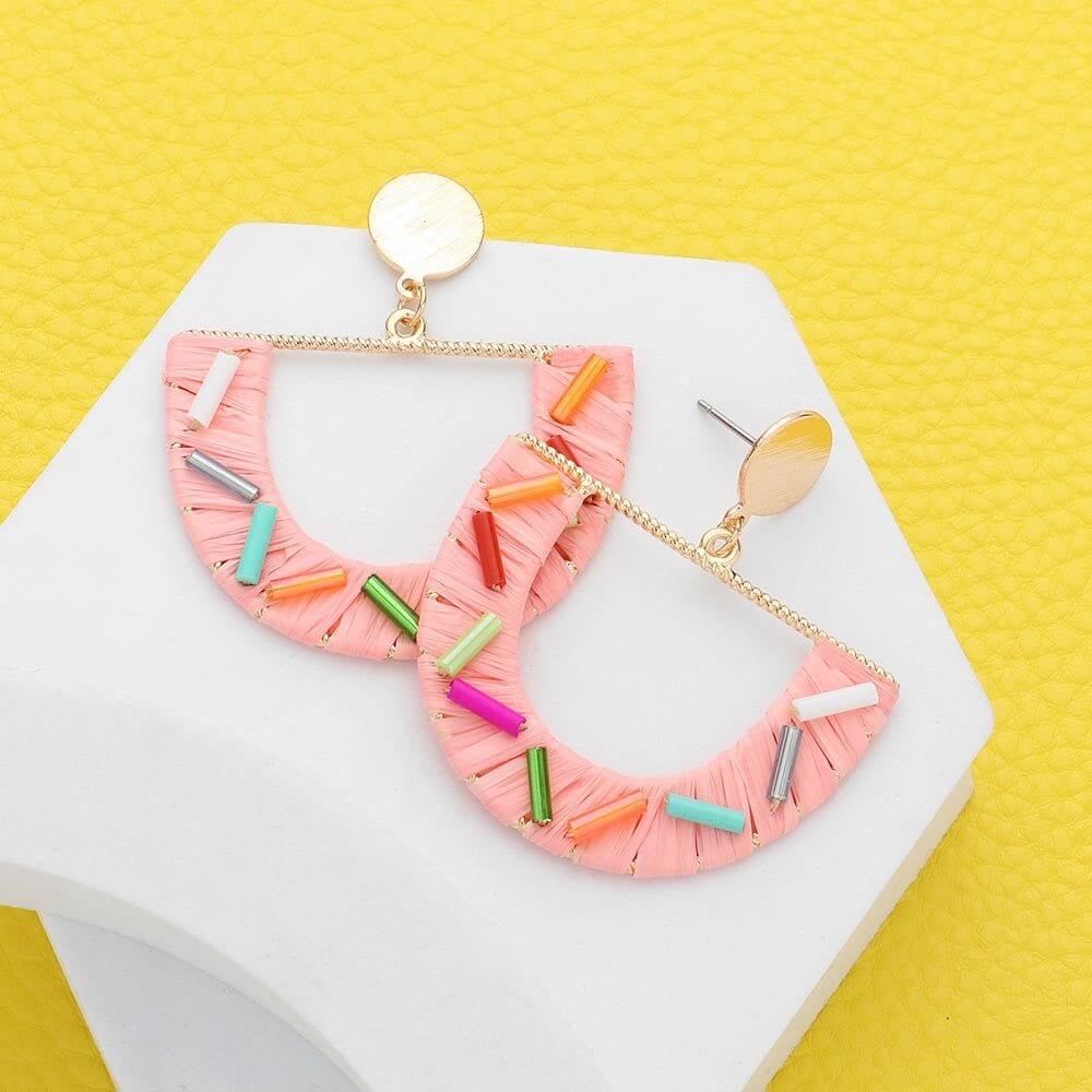 April's Confetti Couture - Pink Bead Embellished Raffia Dangle Earrings - Shop Alies Bouutique