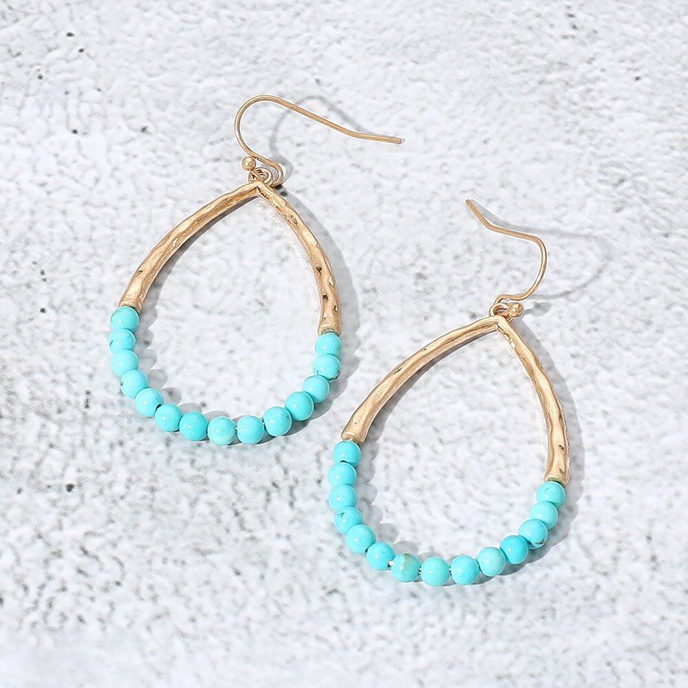 Balance Point - Turquoise Hammered Metal Stone Beaded Open Teardrop Dangle Earrings-Shop Alies Boutique