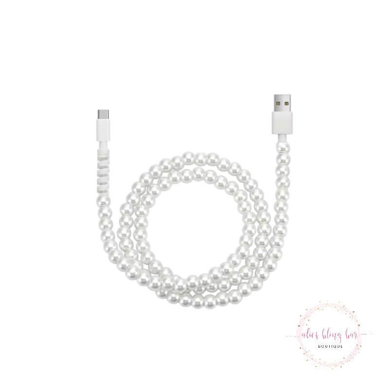 Beaded Charging Cords - White Pearl - All Devices USBC & Lightening-Shop Alies Boutique