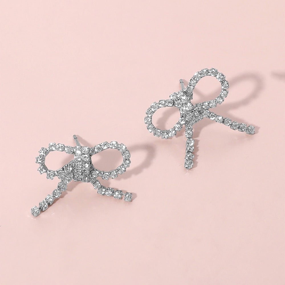 Chic Tied Up - Silver CZ Stone Bow Stud Earrings-Shop Alies Boutique