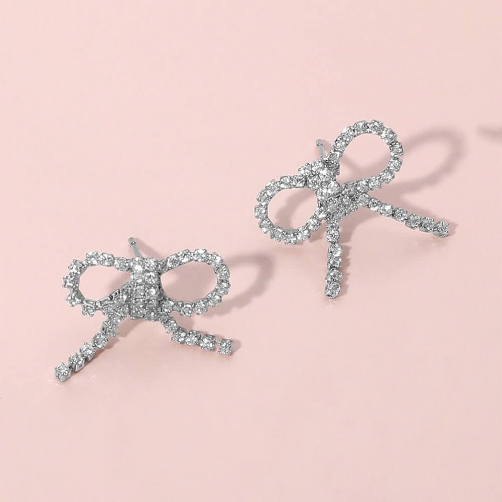 Chic Tied Up - Silver CZ Stone Bow Stud Earrings-Shop Alies Boutique