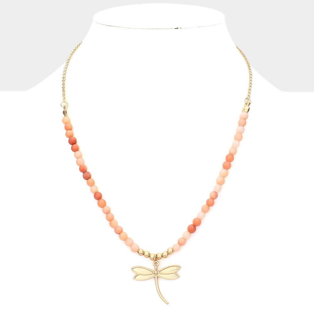 Drift & Dream - Peach Metal Dragonfly Pendant Semi Precious Necklace-Shop Alies Boutique