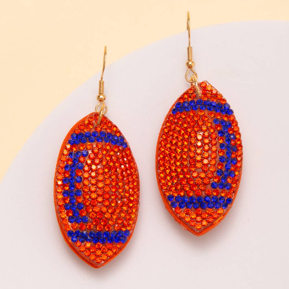 Two-Tone Rhinestone Pave Football Dangle Earrings: Blue - Shop Alies Bouutique