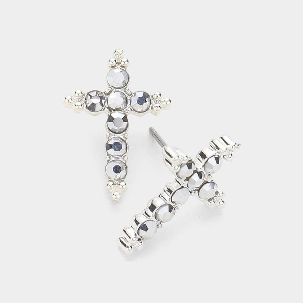 Electric Grace – Silver Stone Paved Cross Stud Earrings-Shop Alies Boutique