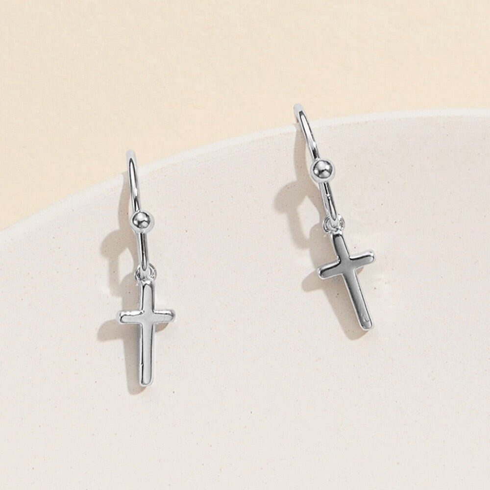 Faithline Drop - 18K White Gold Dipped Cross Dangle Earrings-Shop Alies Boutique
