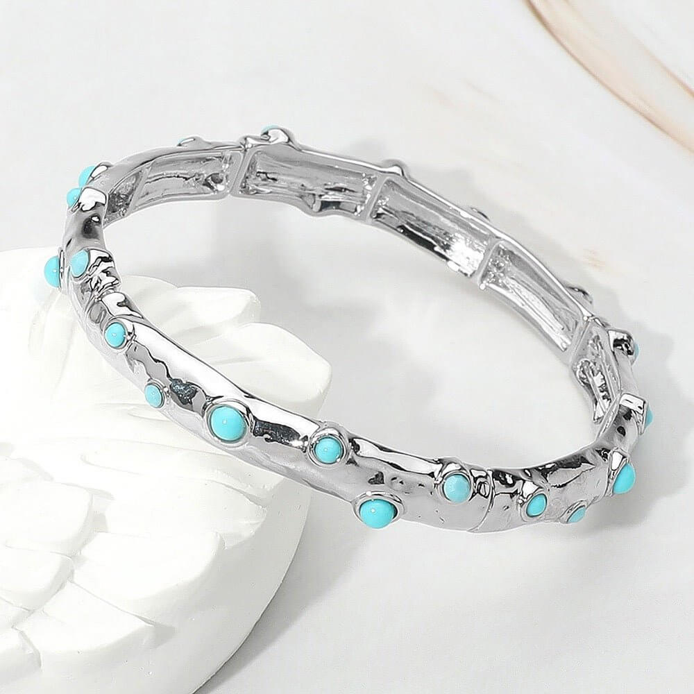 Lisa's Azure attitude – Silver & Turquoise Stone Embellished Hammered Metal Bar Beaded Stretch Bracelet-Shop Alies Boutique