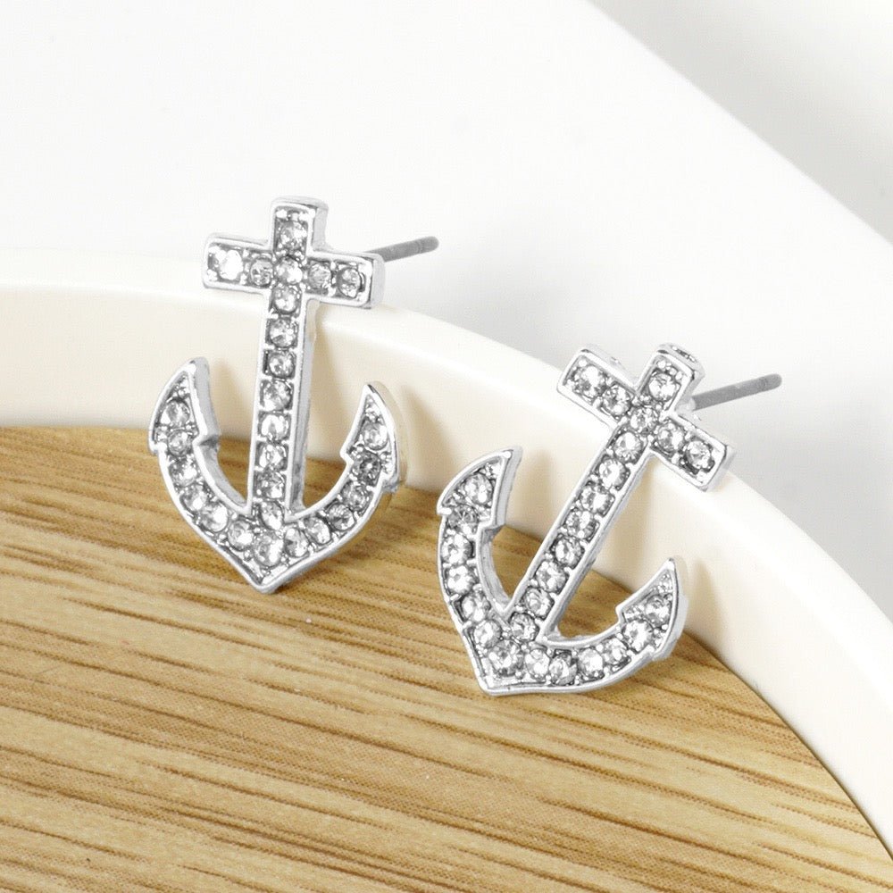 Nautical Nights - Silver Crystal Stone Paved Anchor Stud Earrings - Shop Alies Bouutique