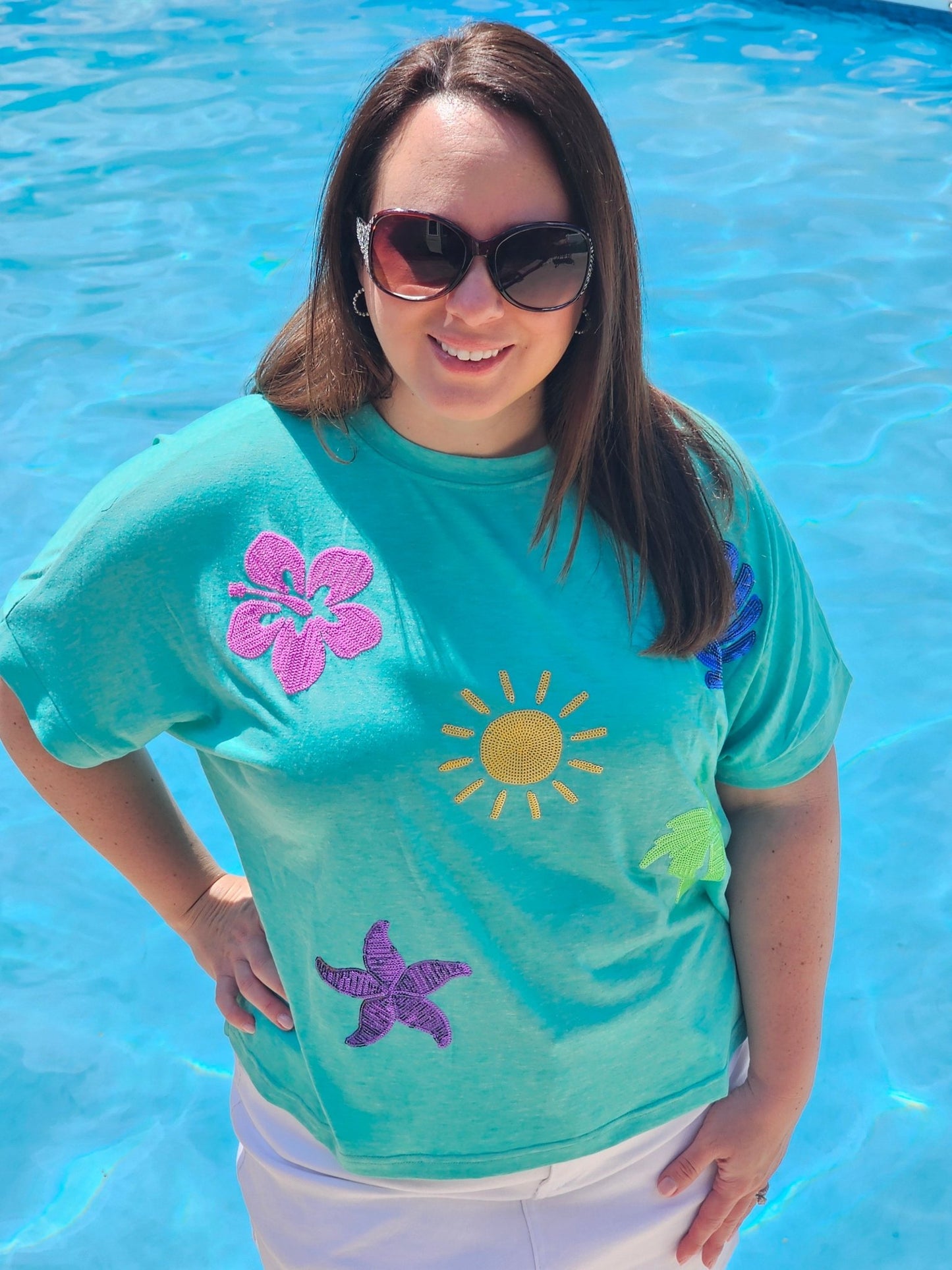 On Vacay Sequin Patch Top - Turquoise - Shop Alies Bouutique
