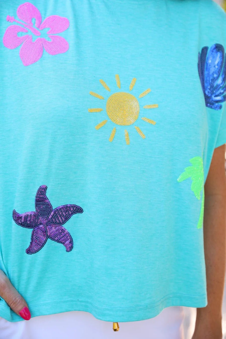 On Vacay Sequin Patch Top - Turquoise - Shop Alies Bouutique