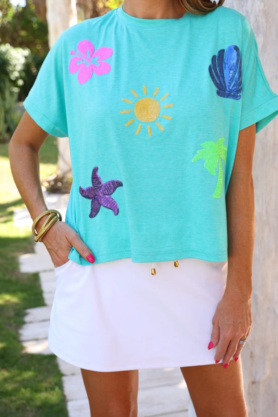 On Vacay Sequin Patch Top - Turquoise - Shop Alies Bouutique