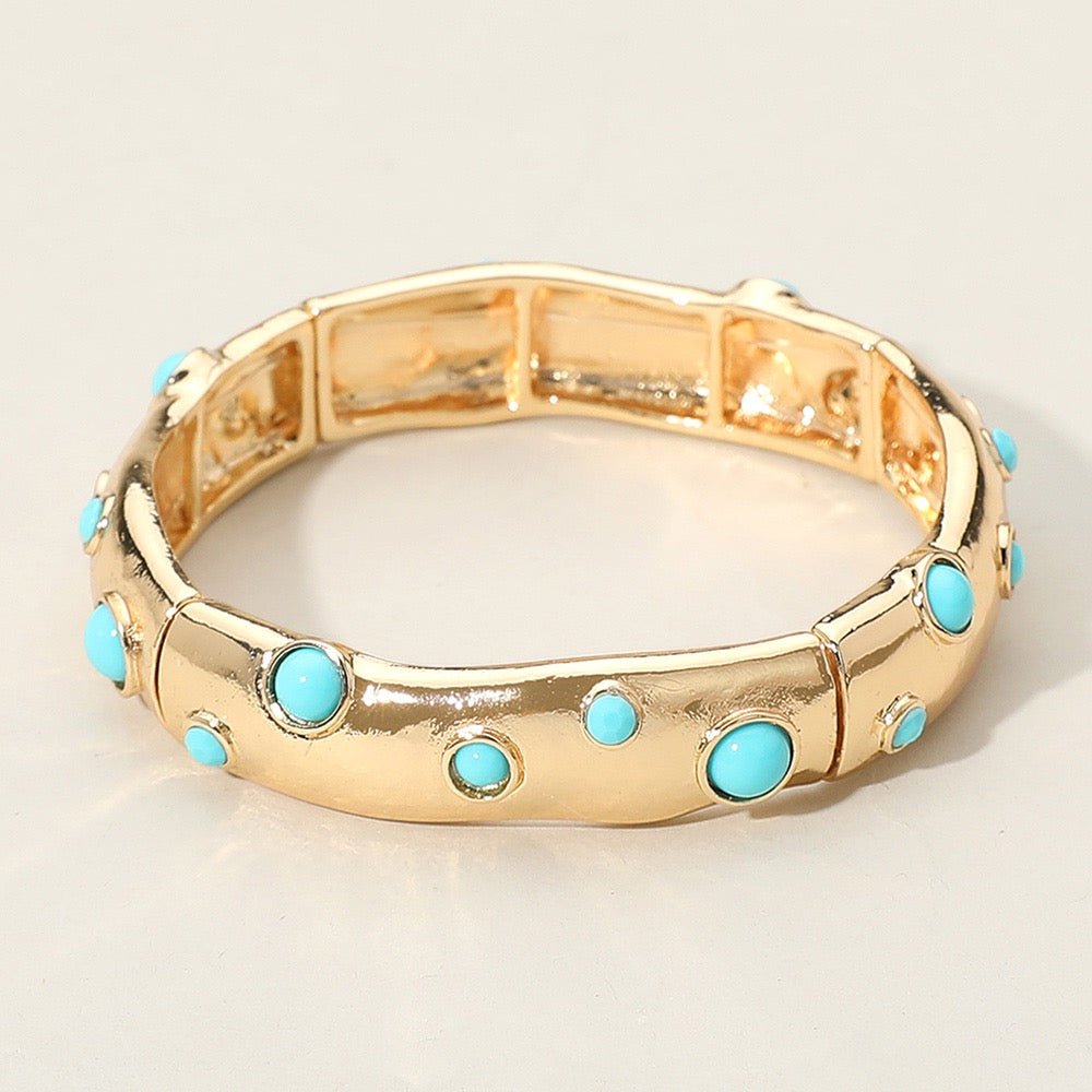 Orbit Edge – Gold Turquoise Stone Embellished Hammered Metal Stretch Bracelet-Shop Alies Boutique