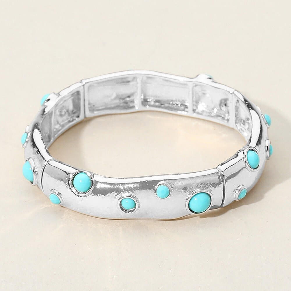 Orbit Edge – Silver Turquoise Stone Embellished Hammered Metal Stretch Bracelet-Shop Alies Boutique