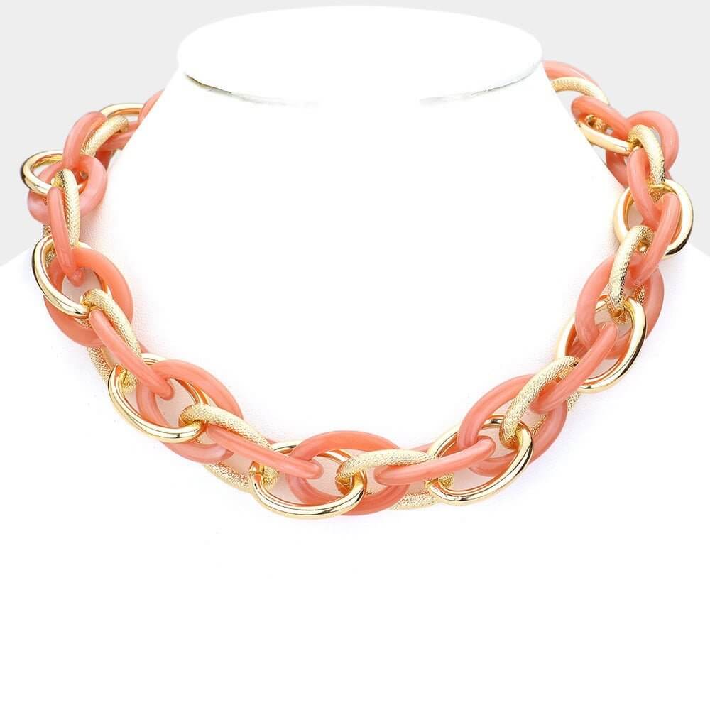 Pink Resin Metal Open Oval Link Necklace-Shop Alies Boutique