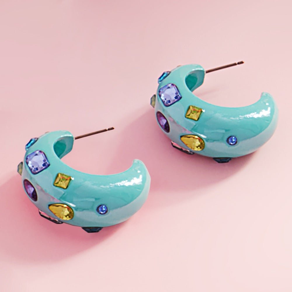 Pop Parade - Mint Multi Stone Paved Chunky Hoop Earrings - Alies Bling Boutique - Shop Alies Boutique