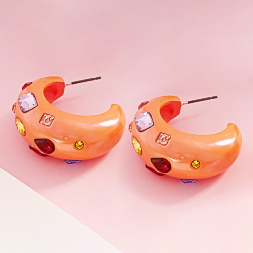 Pop Parade - Orange Multi Stone Paved Chunky Hoop Earrings - Alies Bling Boutique - Shop Alies Boutique