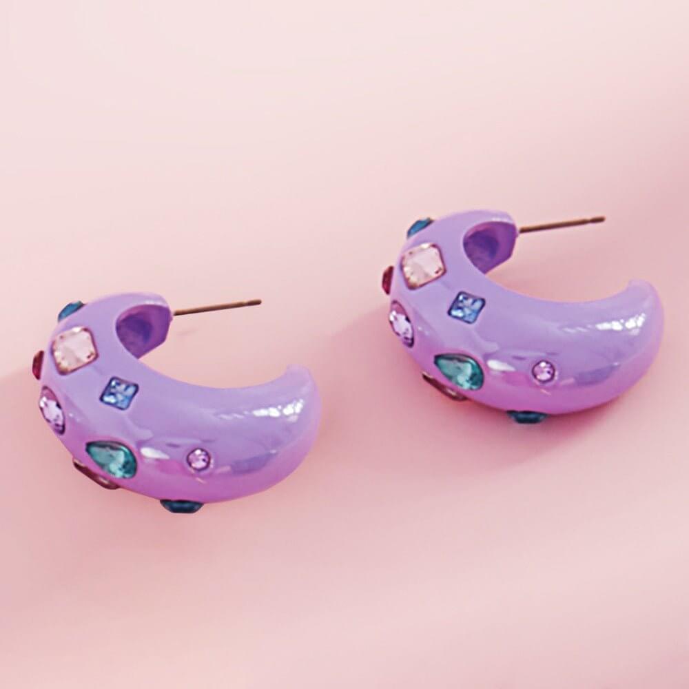 Pop Parade - Purple Multi Stone Paved Chunky Hoop Earrings - Alies Bling Boutique - Shop Alies Boutique
