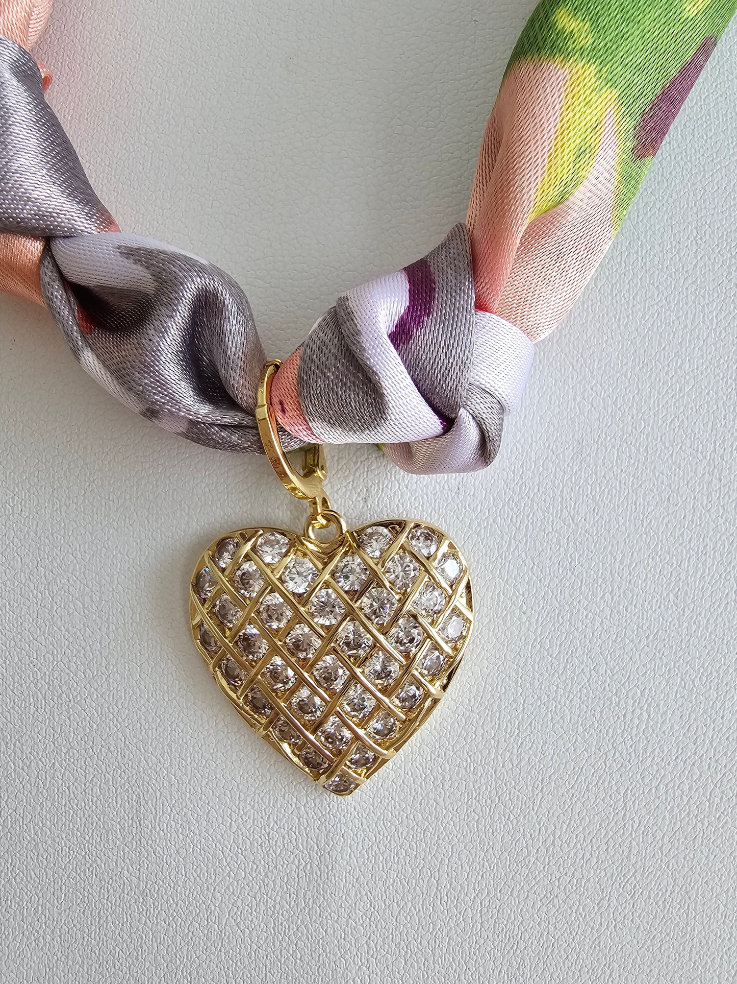 Exclusive Peach Floral Scarf Necklace – 18k Gold Plated Heart Charm