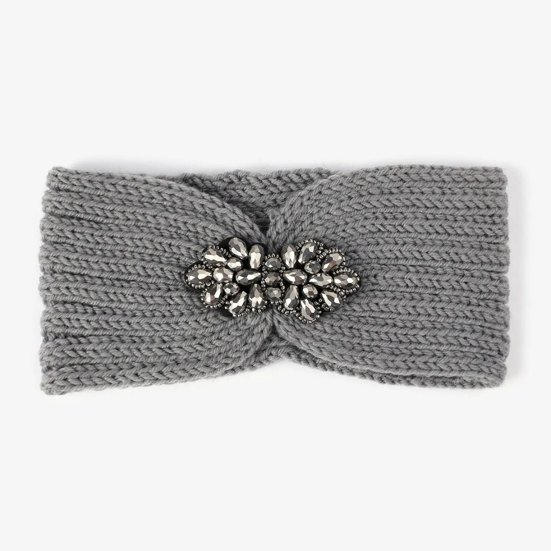 Midnight Glam Rhinestone Knit Headband Ear Warmer - Gray