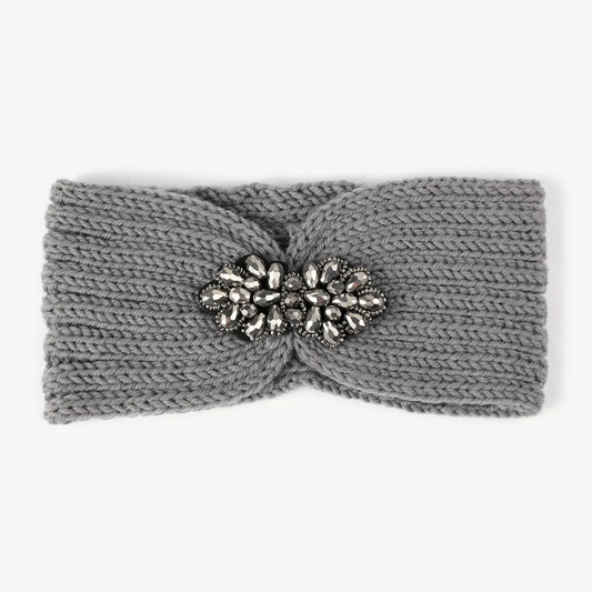 Midnight Glam Rhinestone Knit Headband Ear Warmer - Gray