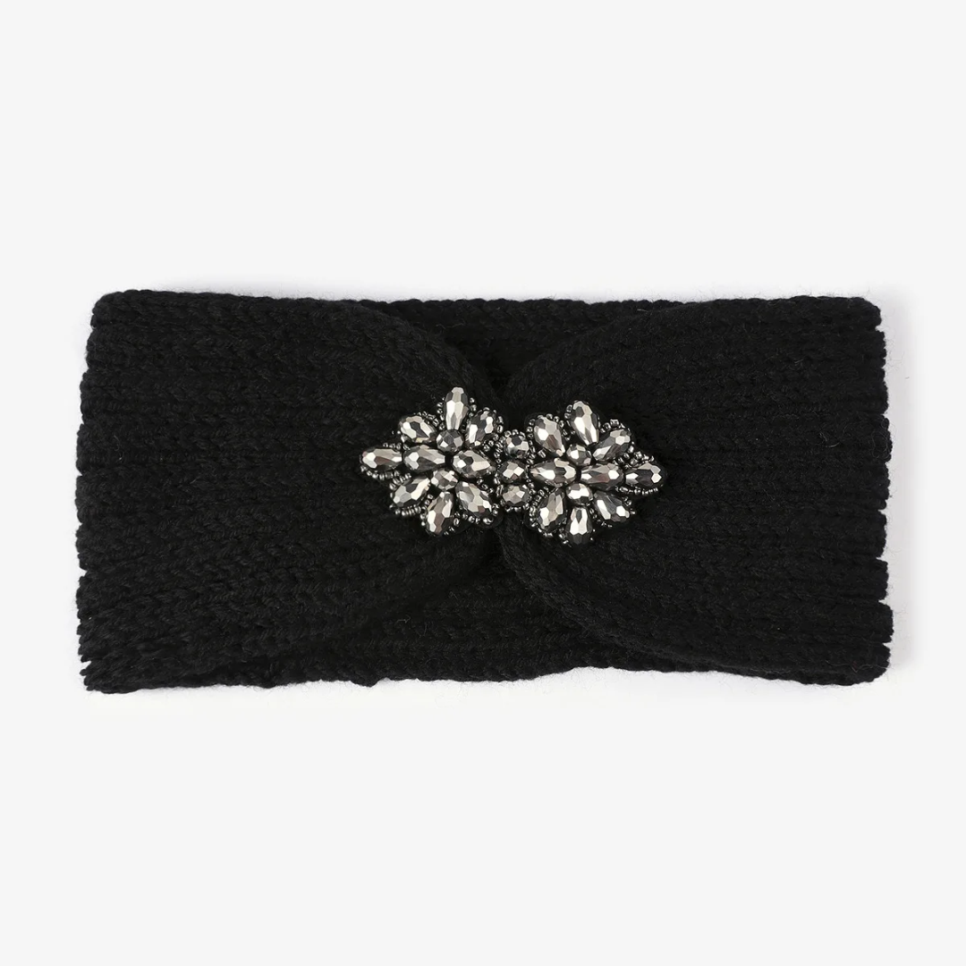 Midnight Glam Rhinestone Knit Headband Ear Warmer - Black