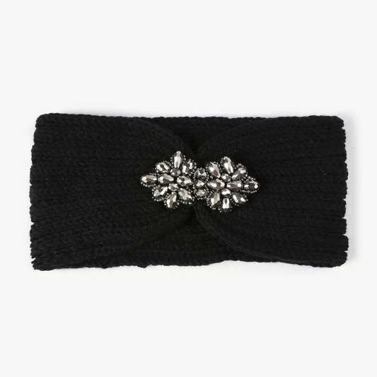 Midnight Glam Rhinestone Knit Headband Ear Warmer - Black