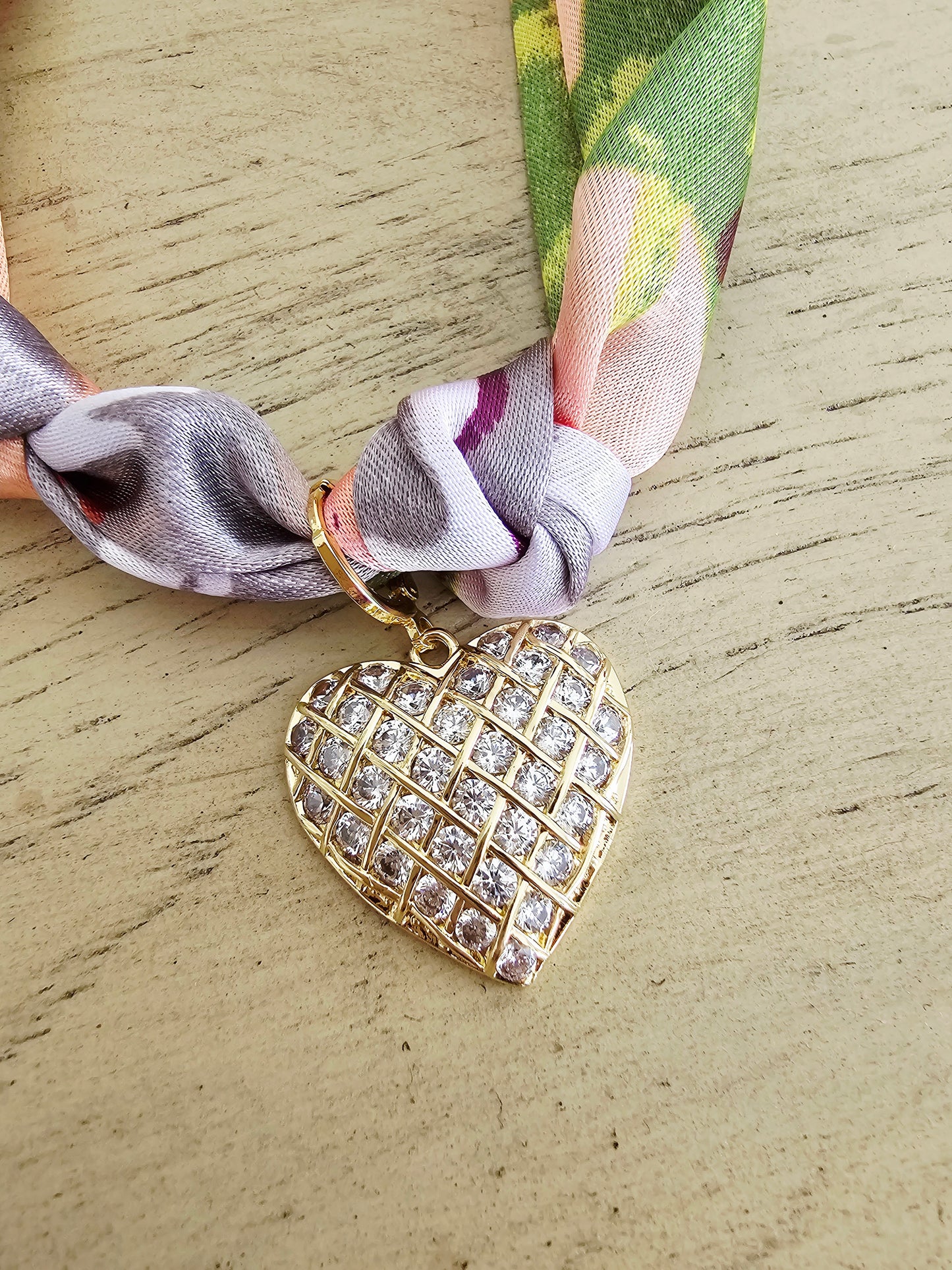 Exclusive Peach Floral Scarf Necklace – 18k Gold Plated Heart Charm