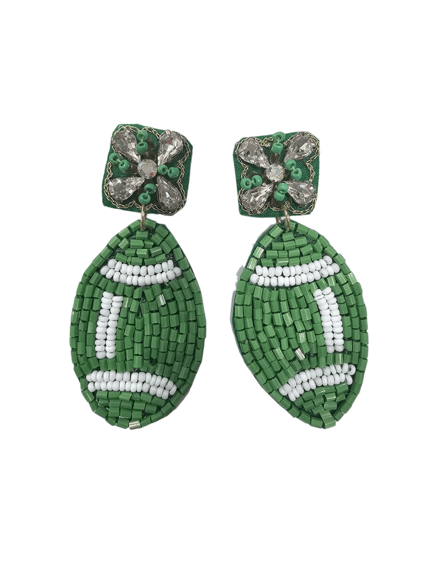 Support your team in style with the Friday Night Lights - Green Football Earrings, featuring green and white football pendants and square tops accented with green and silver crystal floral clusters.