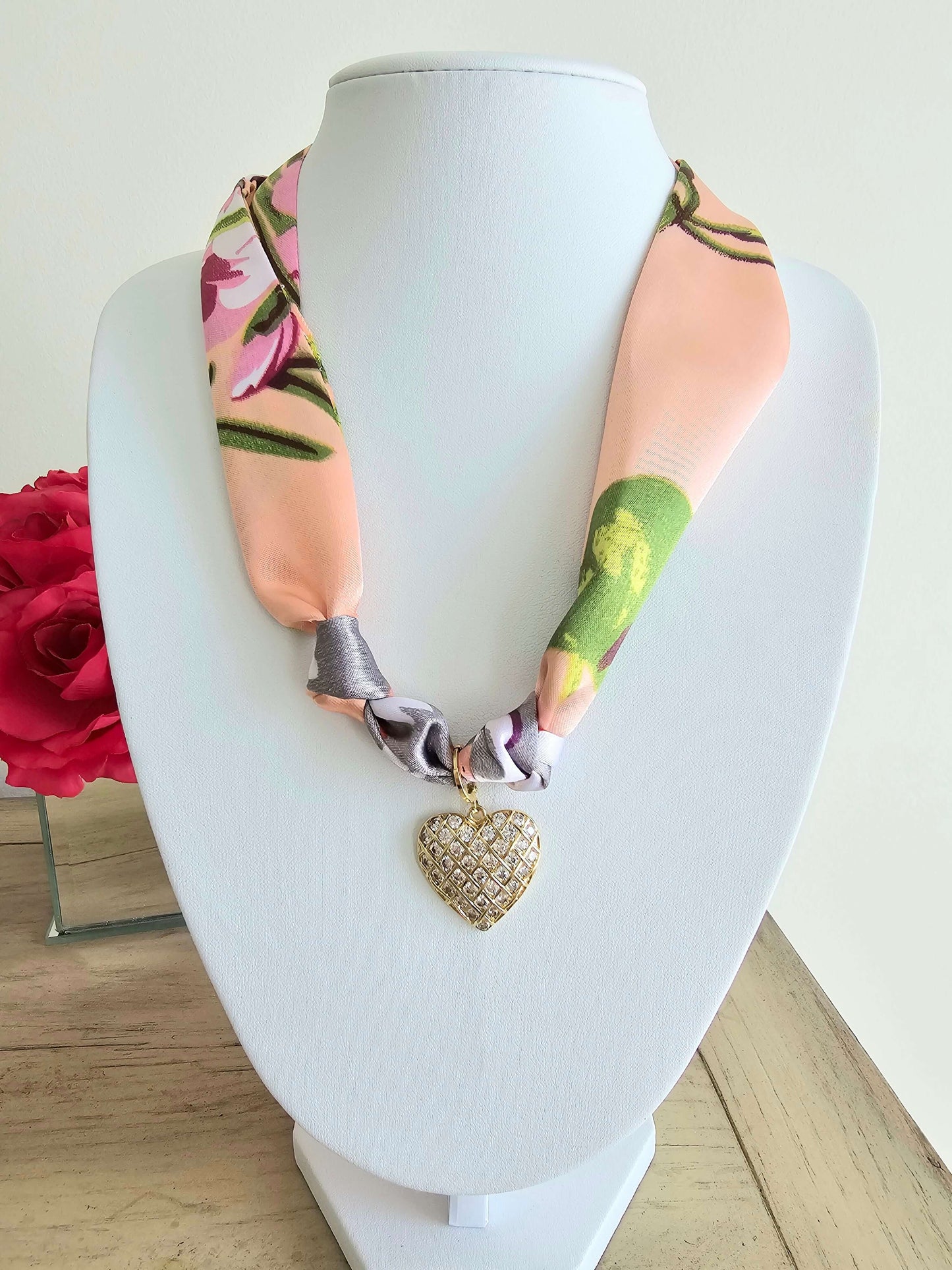 Exclusive Peach Floral Scarf Necklace – 18k Gold Plated Heart Charm - Alie's Boutique