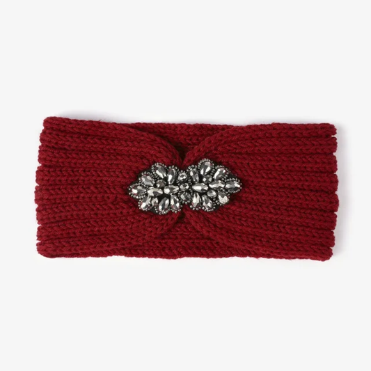 Midnight Glam Rhinestone Knit Headband Ear Warmer - Burgundy