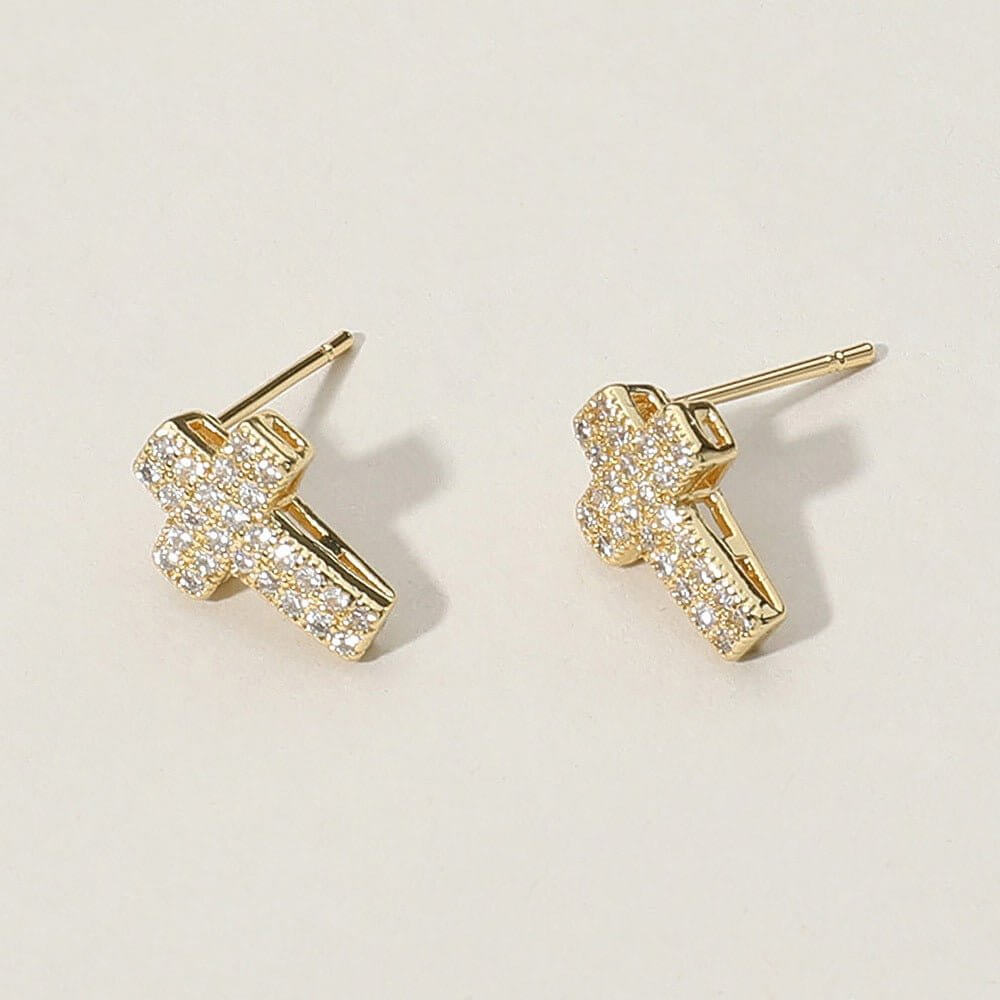 Sacred Sparkle – Gold CZ Stone Paved Cross Stud Earrings-Shop Alies Boutique