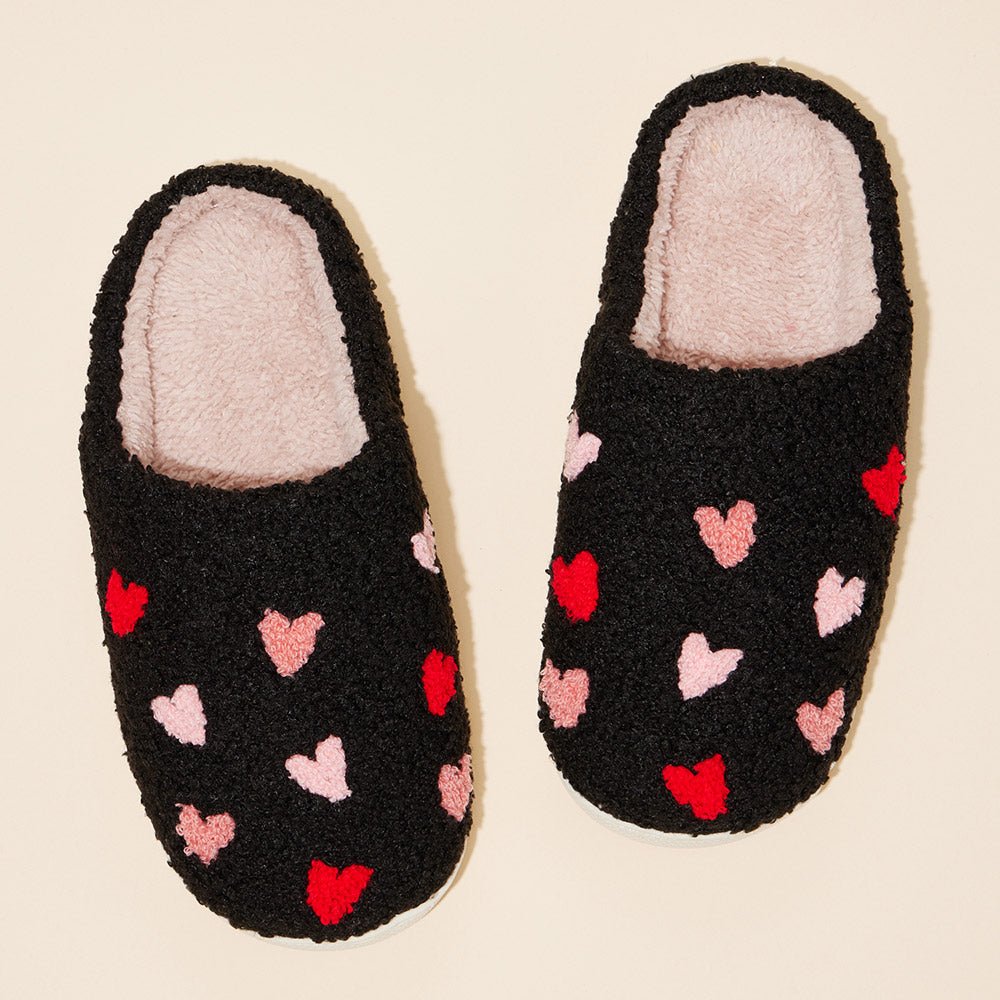 Sherpa Heart Polka Dot Slippers - Black-Shop Alies Boutique