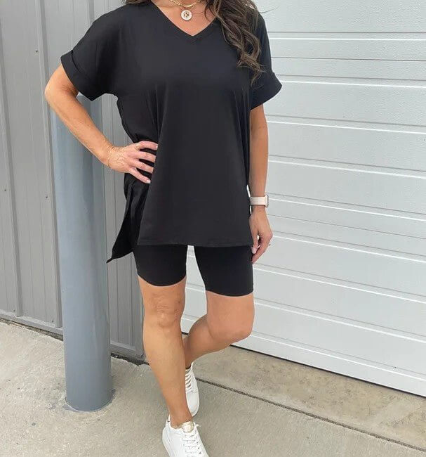 Summer Super Soft V-Neck Biker Short Set- Black - Shop Alies Bouutique