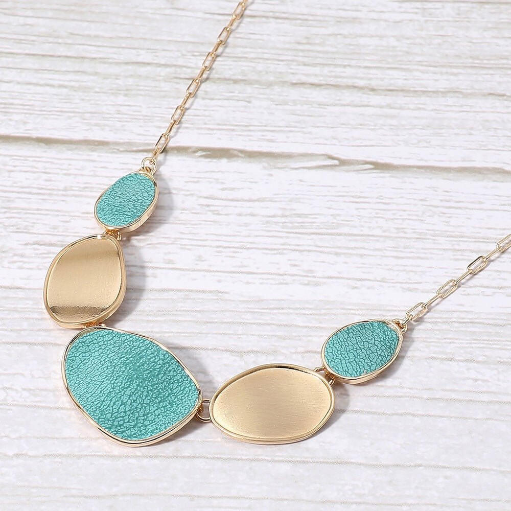 Textured Balance - Turquoise Faux Leather Metal Plate Link Necklace-Shop Alies Boutique