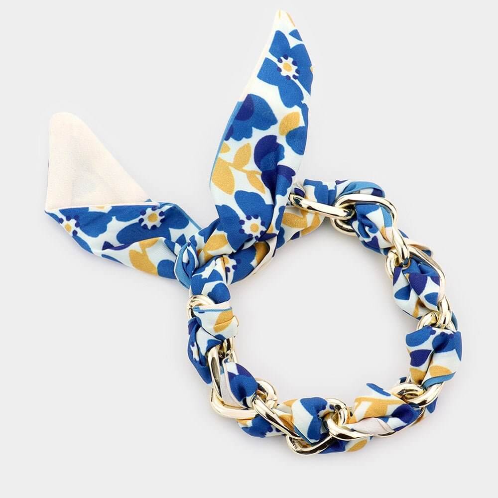 Wrapped in Chic – Blue Open Metal Oval Link Flower Patterned Fabric Bracelet-Shop Alies Boutique
