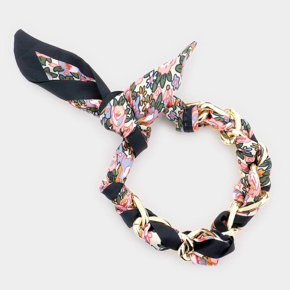 Wrapped in Chic – Pink Open Metal Oval Link Flower Patterned Fabric Bracelet-Shop Alies Boutique