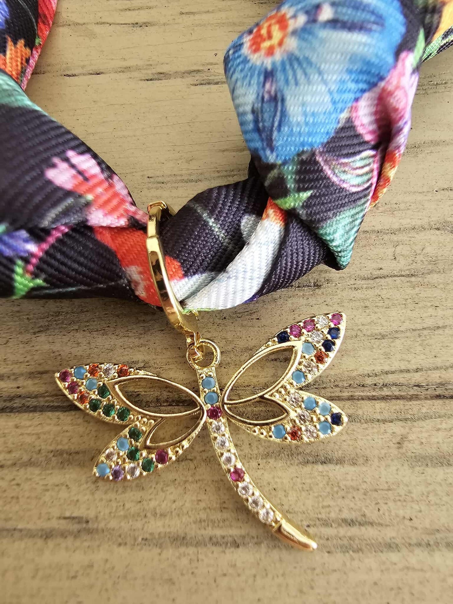 Exclusive Dragonfly & Black Floral Scarf Necklace Charm