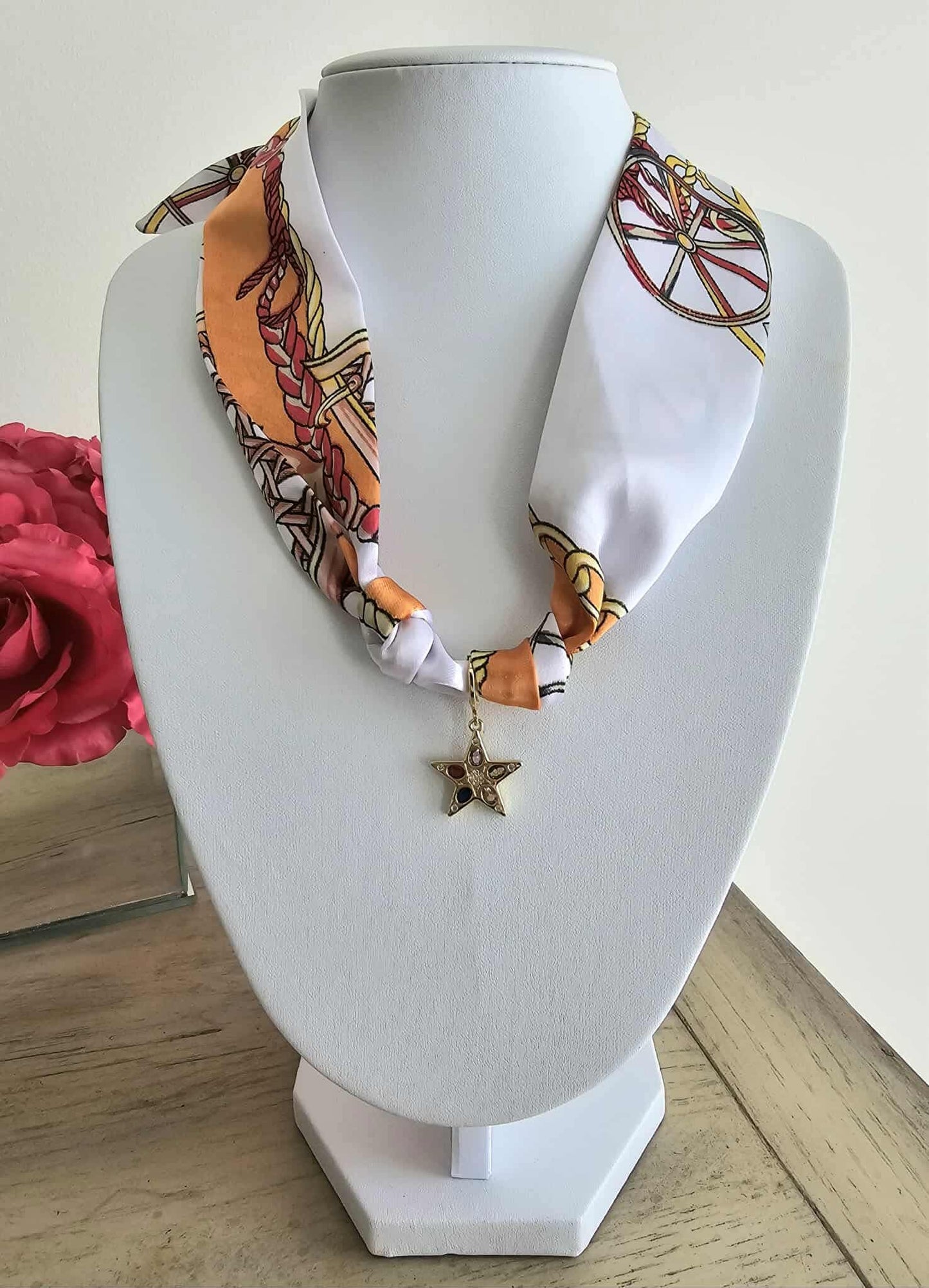 Exclusive Orange & White Scarf Necklace – 18k Gold Multi-Star Charm