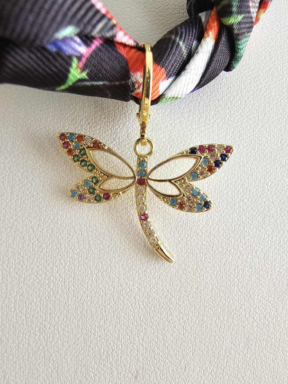 Exclusive Dragonfly & Black Floral Scarf Necklace Charm