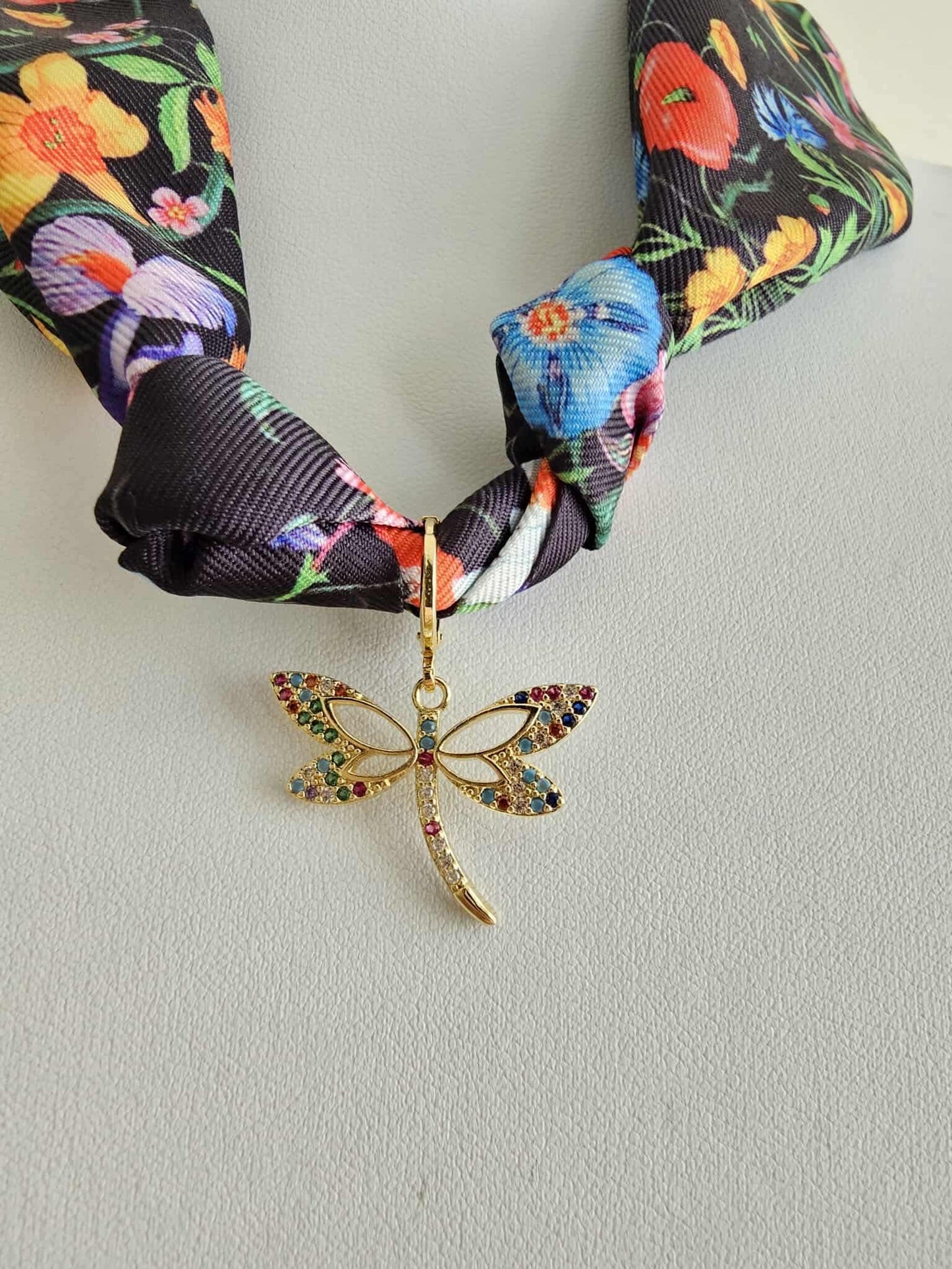 Exclusive Dragonfly & Black Floral Scarf Necklace Charm